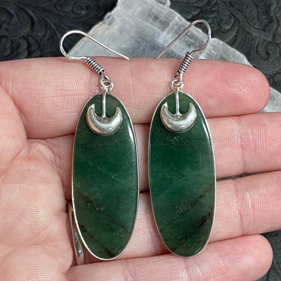 Pyrite Included Green Nephrite Jade and Crescent Moon Earrings Stone Jewelry - Picture 3 of 6